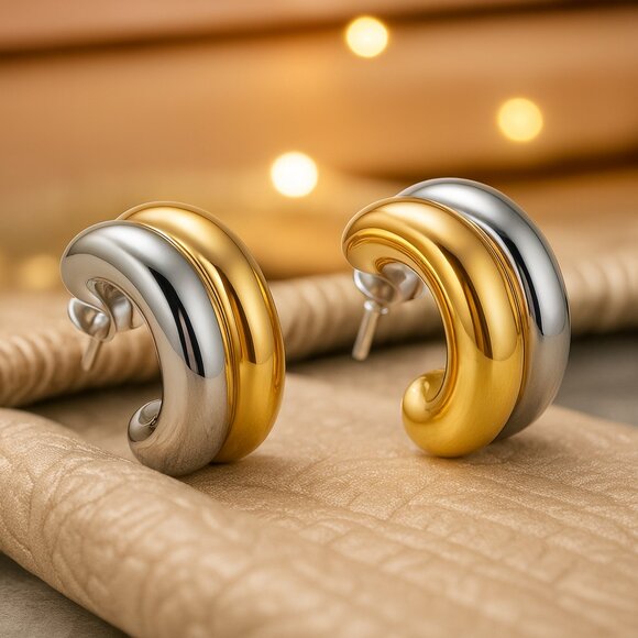 ποΈModern Dual-Tone Chunky Hoops 18K Gold Plated Stainless Steel Trendy Earrings - Picture 1 of 9